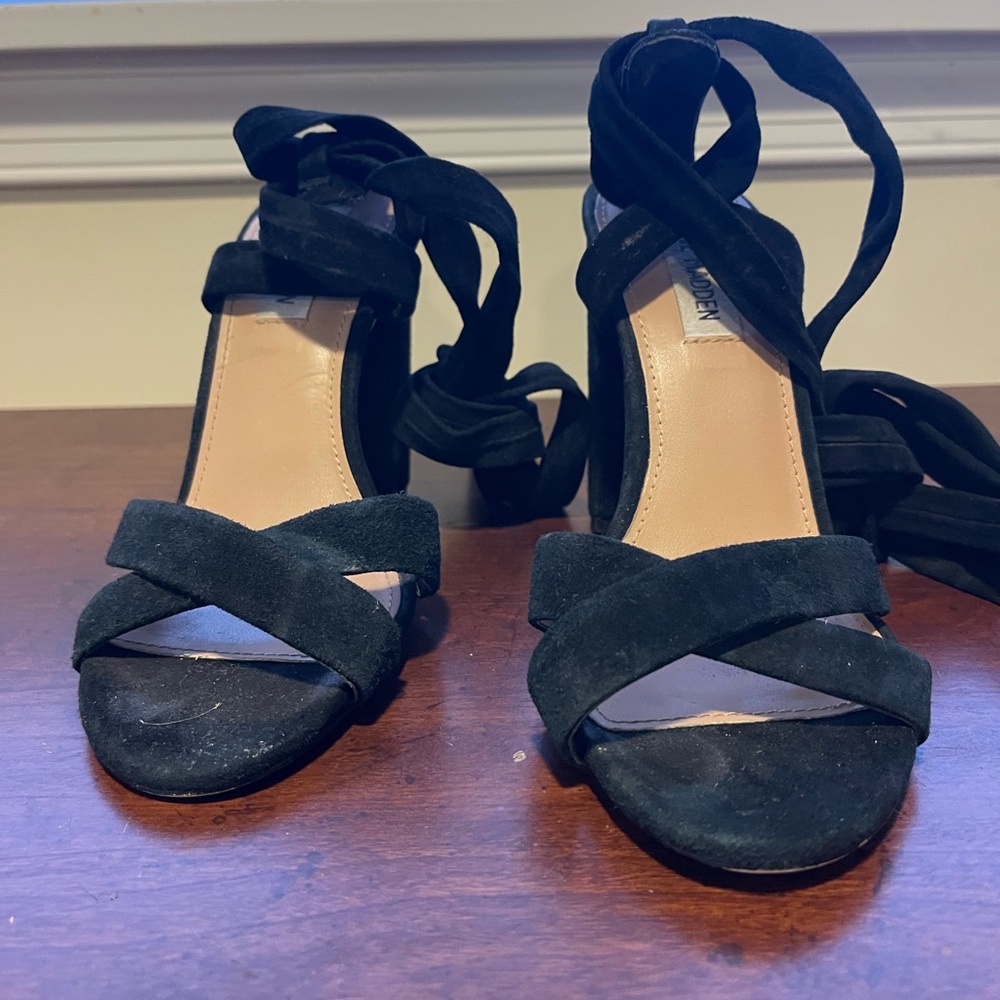 Steve Madden Black Suede Wrap-Ankle Block Heels